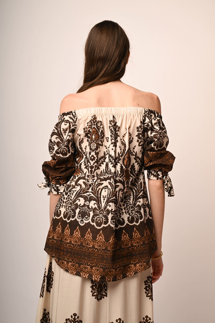 Ethnic print off-the-shoulder blouse