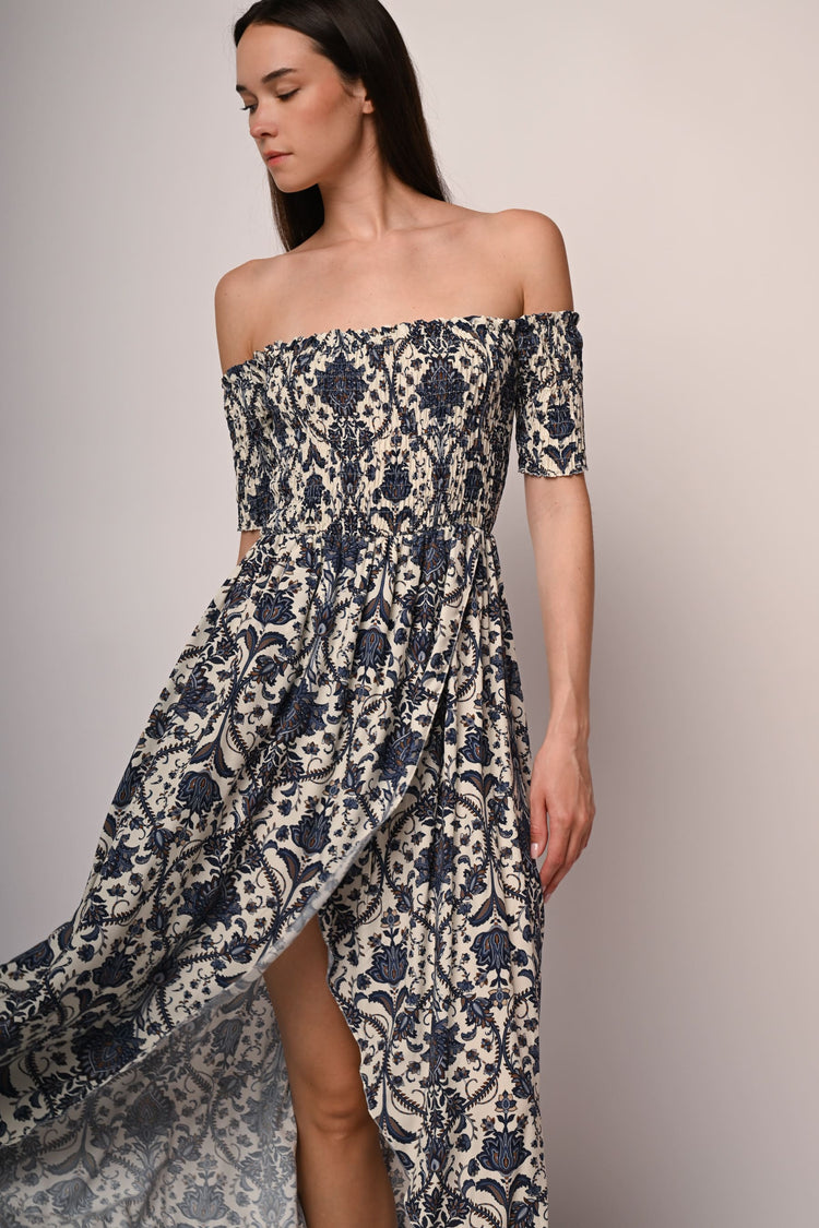 Ethnic print smocked high-low dress