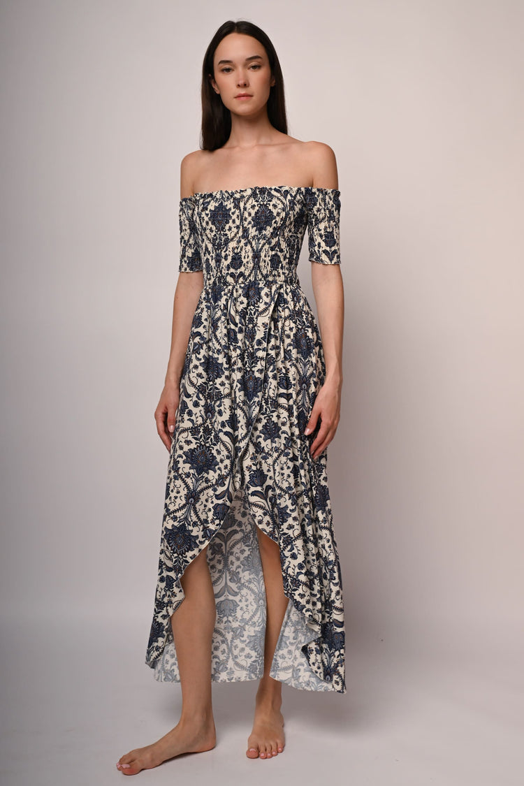 Ethnic print smocked high-low dress