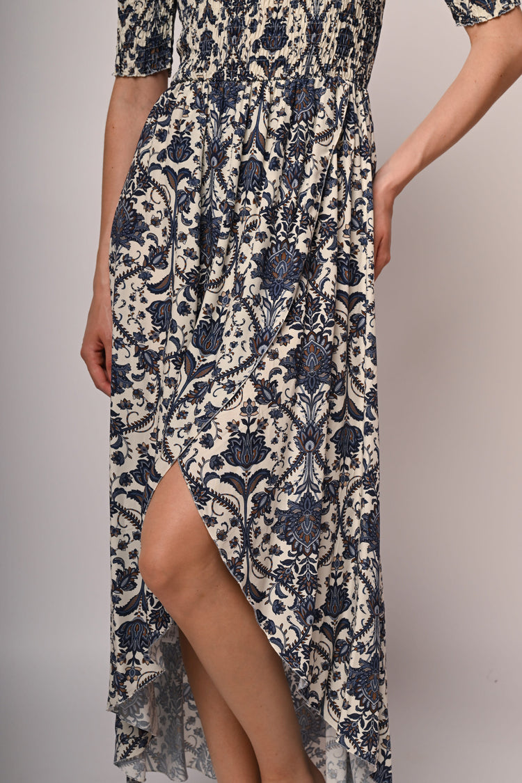 Ethnic print smocked high-low dress