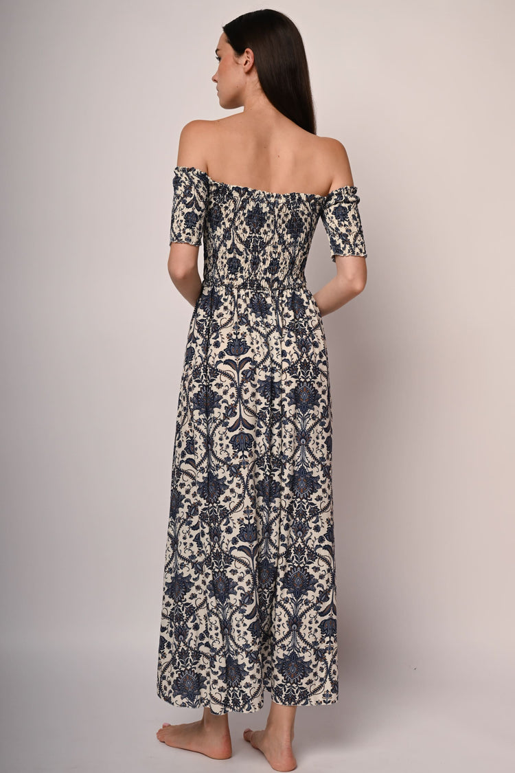 Ethnic print smocked high-low dress