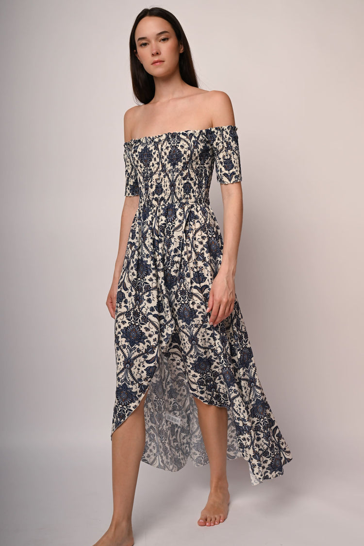Ethnic print smocked high-low dress