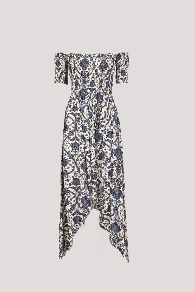 Ethnic print smocked high-low dress
