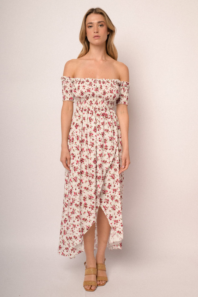 White floral print viscose off-the-shoulder high-low dress