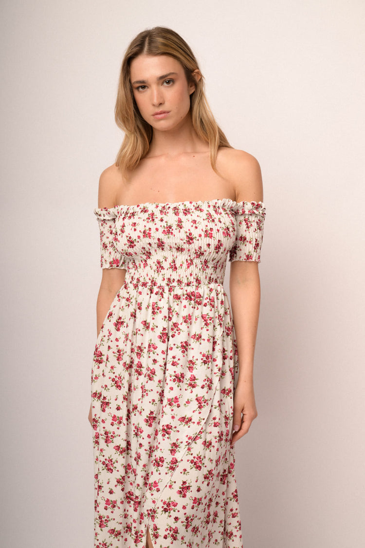 White floral print viscose off-the-shoulder high-low dress