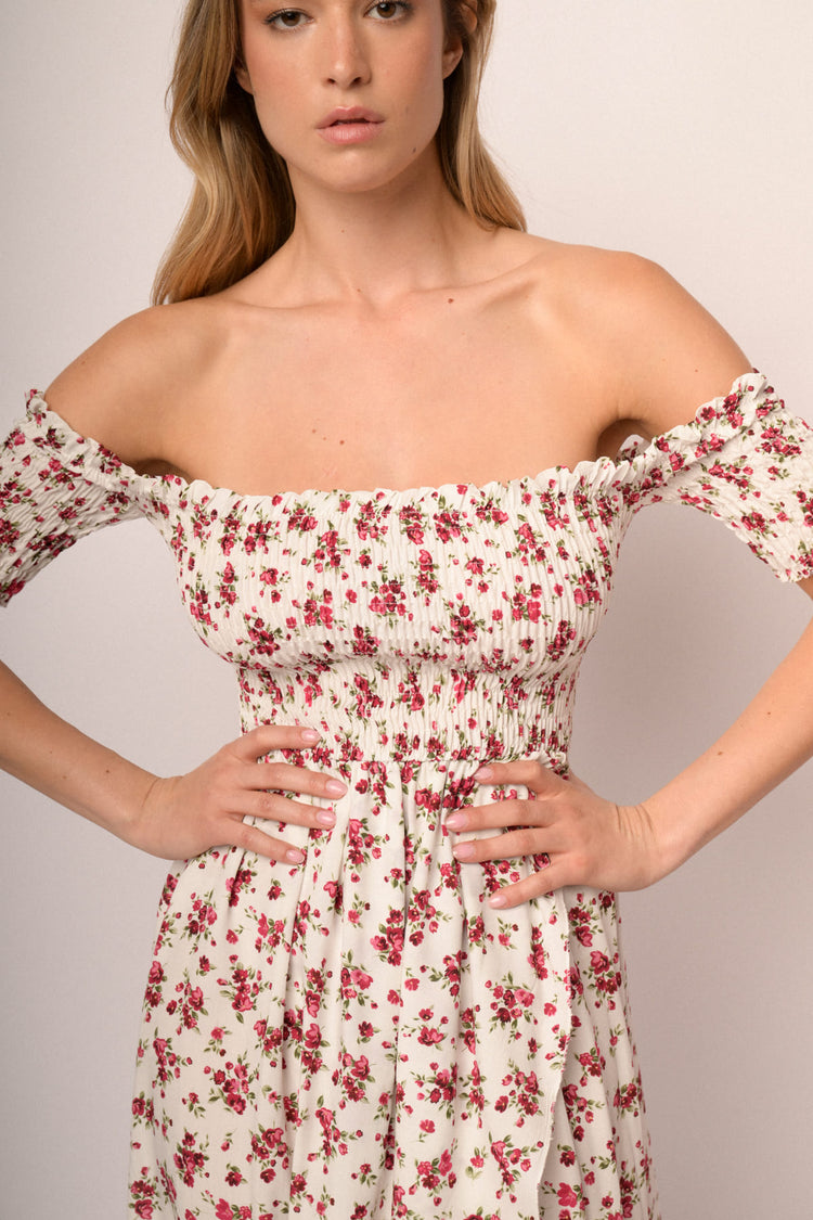 White floral print viscose off-the-shoulder high-low dress