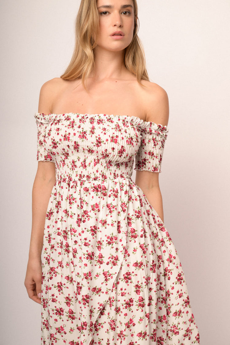 White floral print viscose off-the-shoulder high-low dress