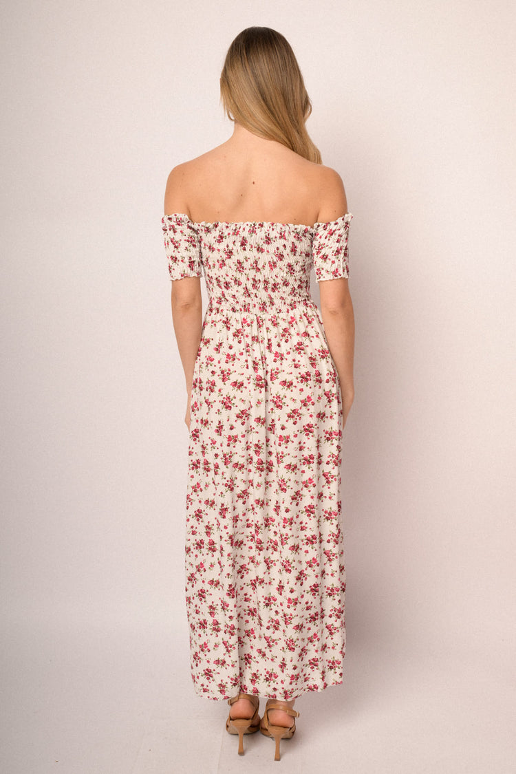 White floral print viscose off-the-shoulder high-low dress