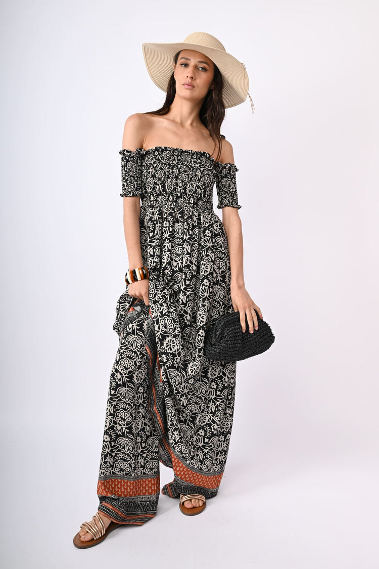 Ethnic-print viscose long dress
