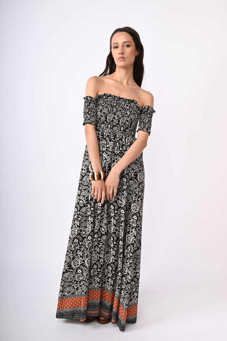 Ethnic-print viscose long dress