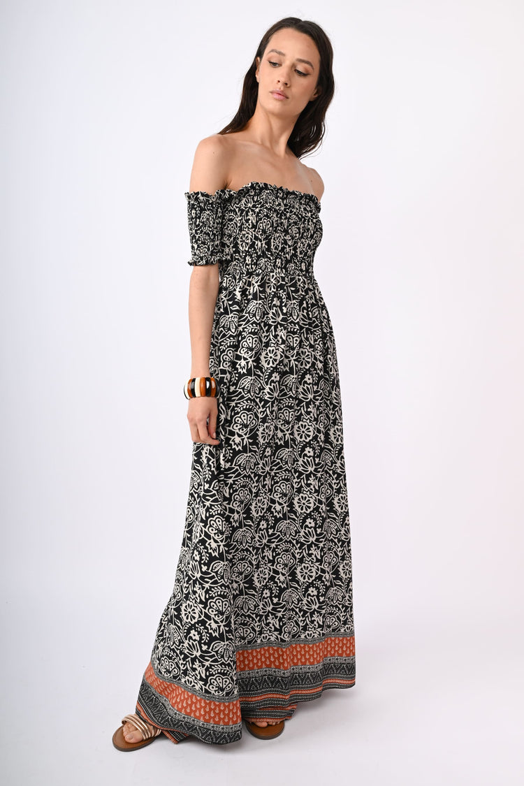 Ethnic-print viscose long dress