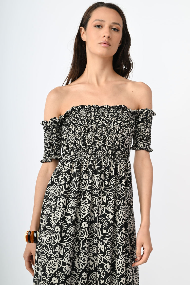 Ethnic-print viscose long dress