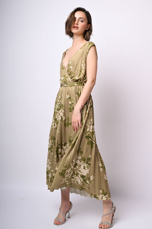 Floral print lurex knit long dress