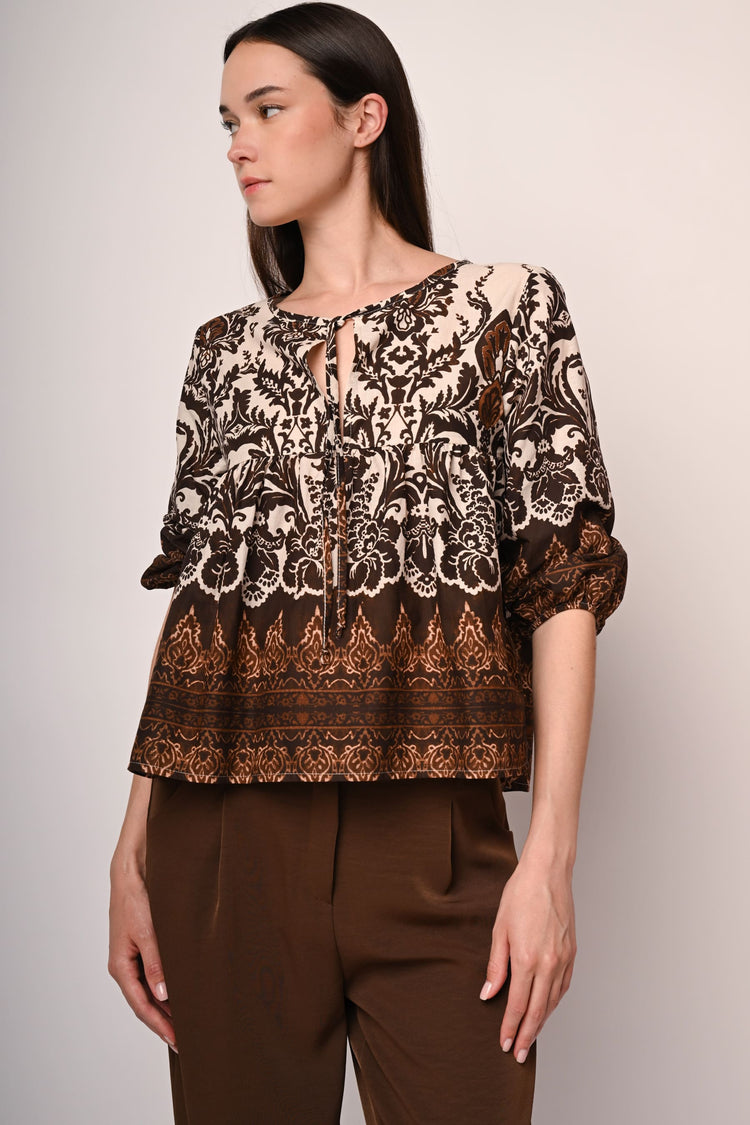 Self-tie straps ethnic print blouse