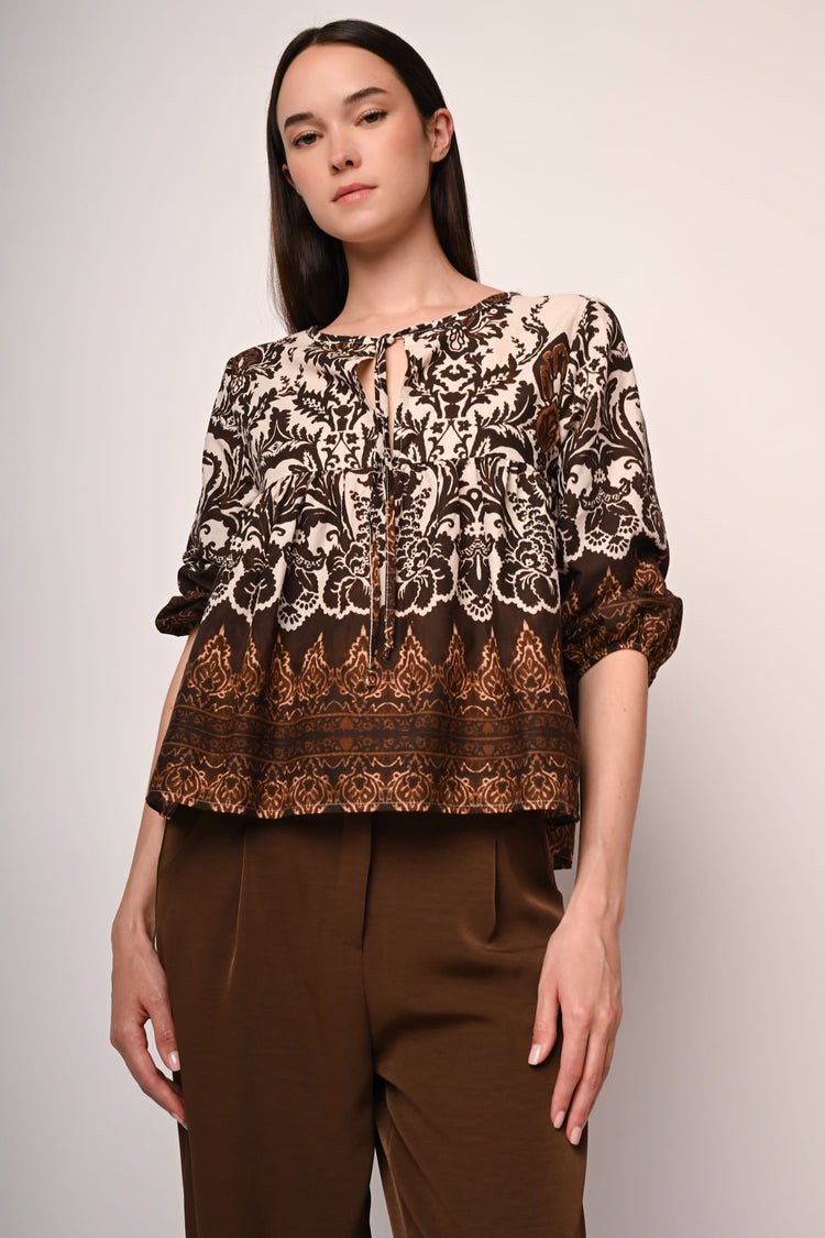 Self-tie straps ethnic print blouse