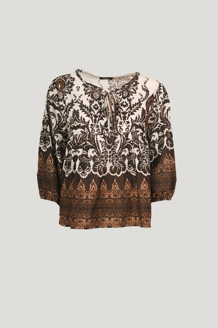 Self-tie straps ethnic print blouse