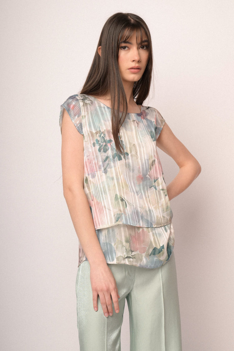 Multicolor watercolor-effect floral print georgette top
