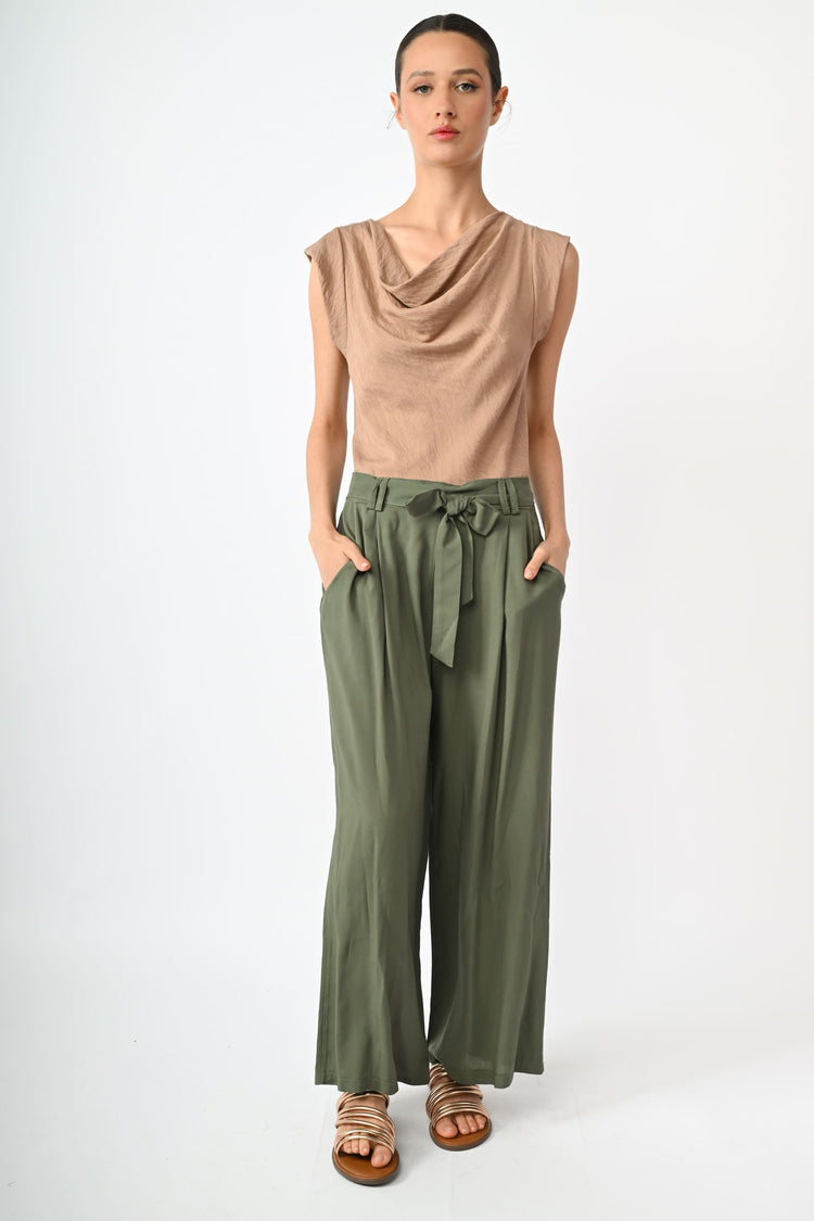 Belted viscose trousers
