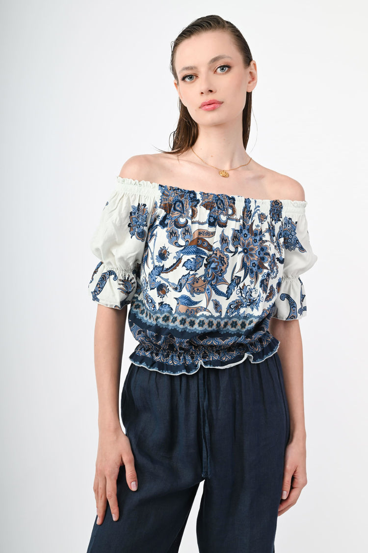 Ethnic print viscose ruffled top