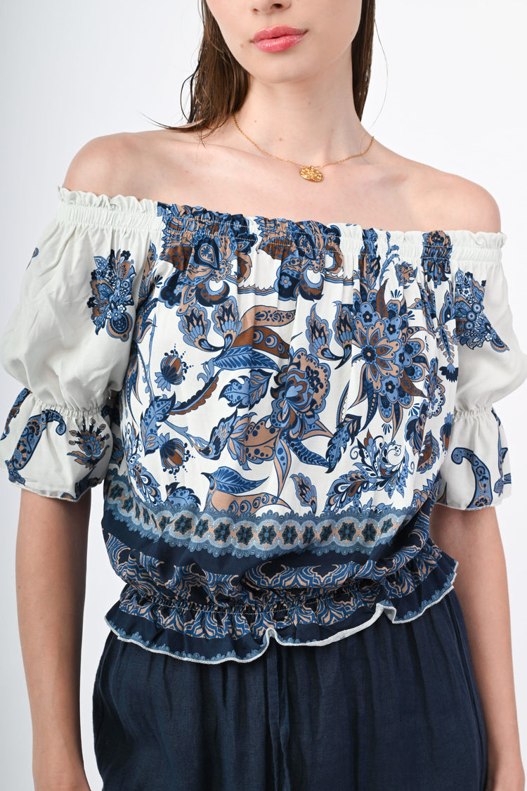 Ethnic print viscose ruffled top