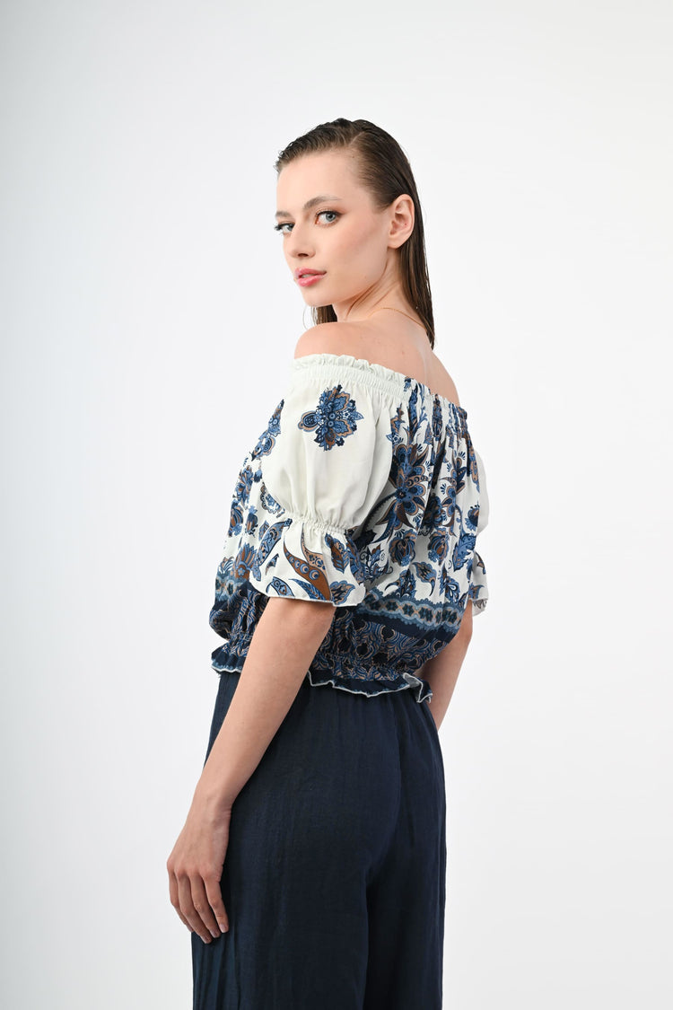 Ethnic print viscose ruffled top