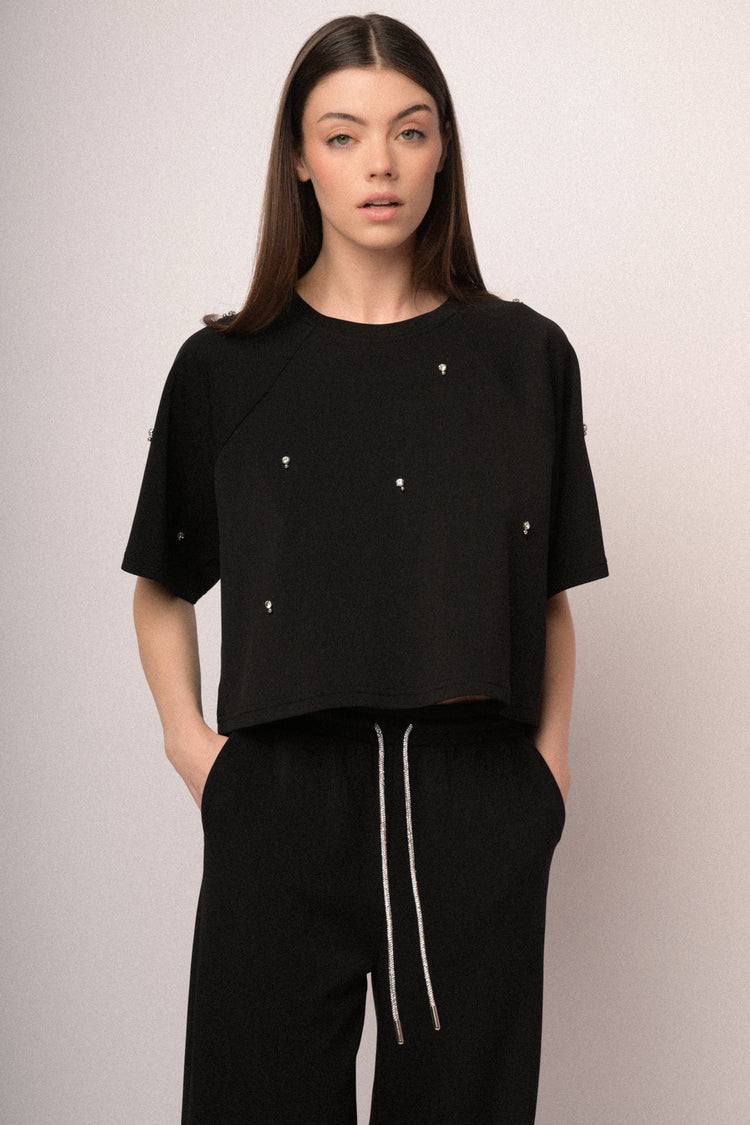 Rhinestone-embellished half-sleeved sweatshirt