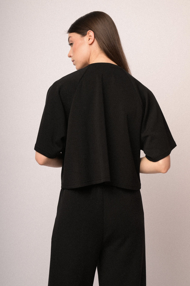 Rhinestone-embellished half-sleeved sweatshirt