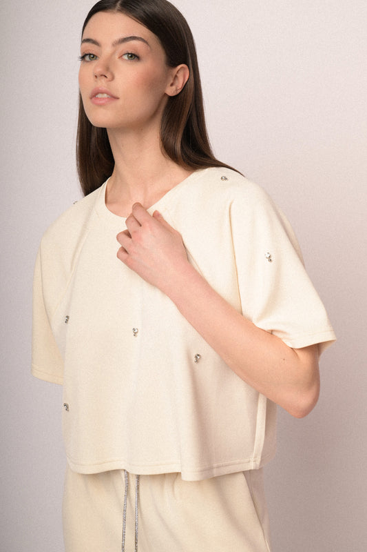 Rhinestone-embellished half-sleeved sweatshirt