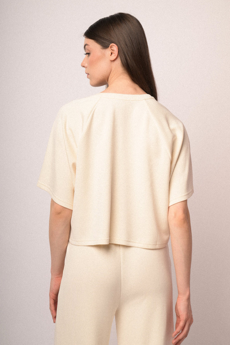 Rhinestone-embellished half-sleeved sweatshirt