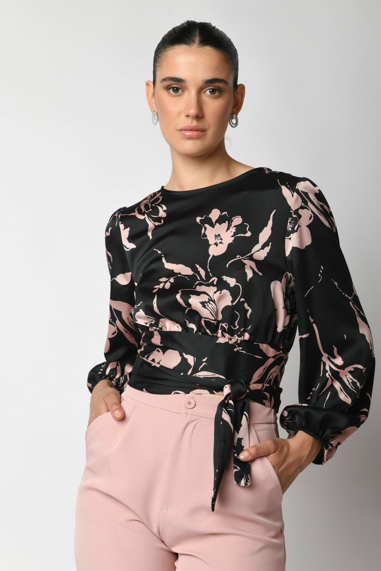 Floral print belted crop top