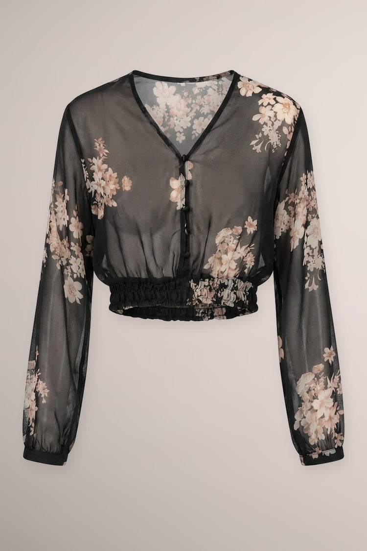 Multicolor/black floral print sheer tulle cropped top