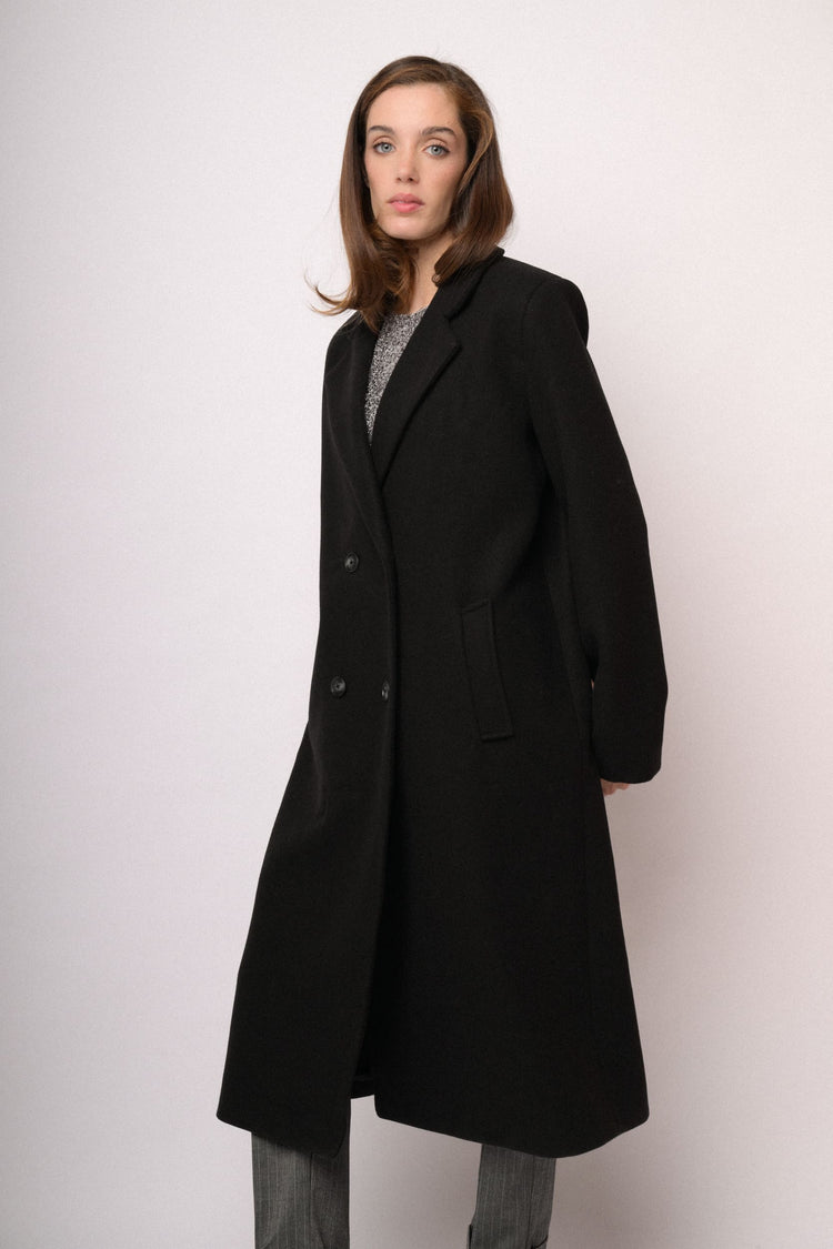 Black long double-breasted wool-blend coat