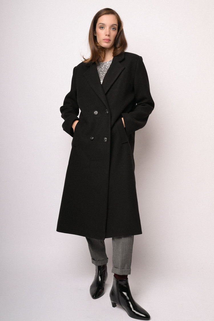 Black long double-breasted wool-blend coat