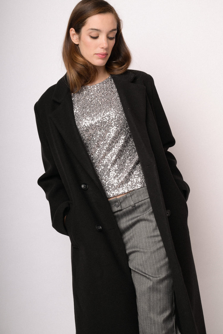 Black long double-breasted wool-blend coat