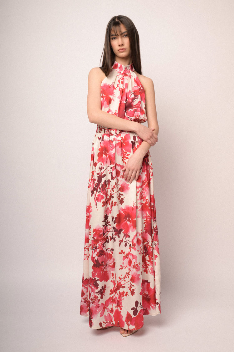 Red floral print long halter dress
