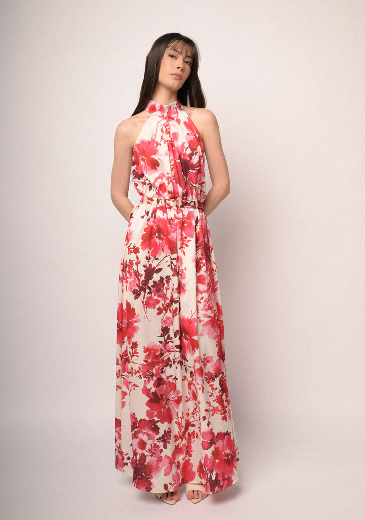 Red floral print long halter dress