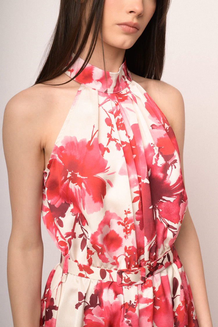 Red floral print long halter dress