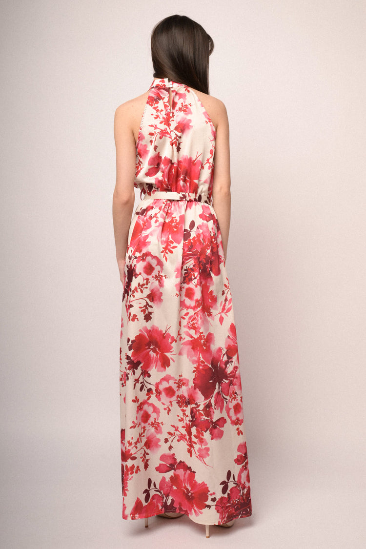 Red floral print long halter dress