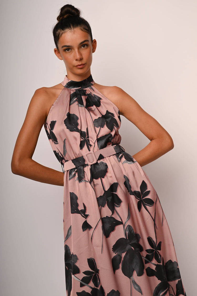 Floral print satin long dress