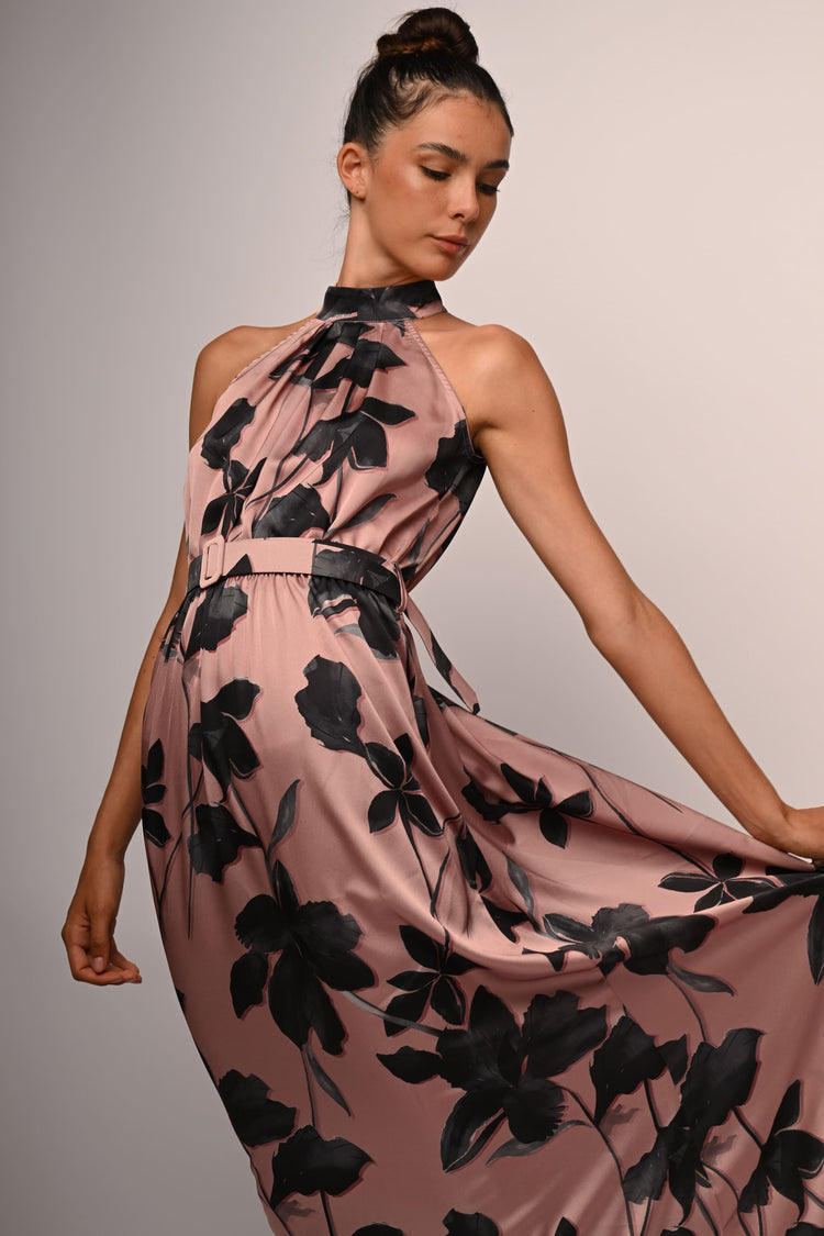 Floral print satin long dress