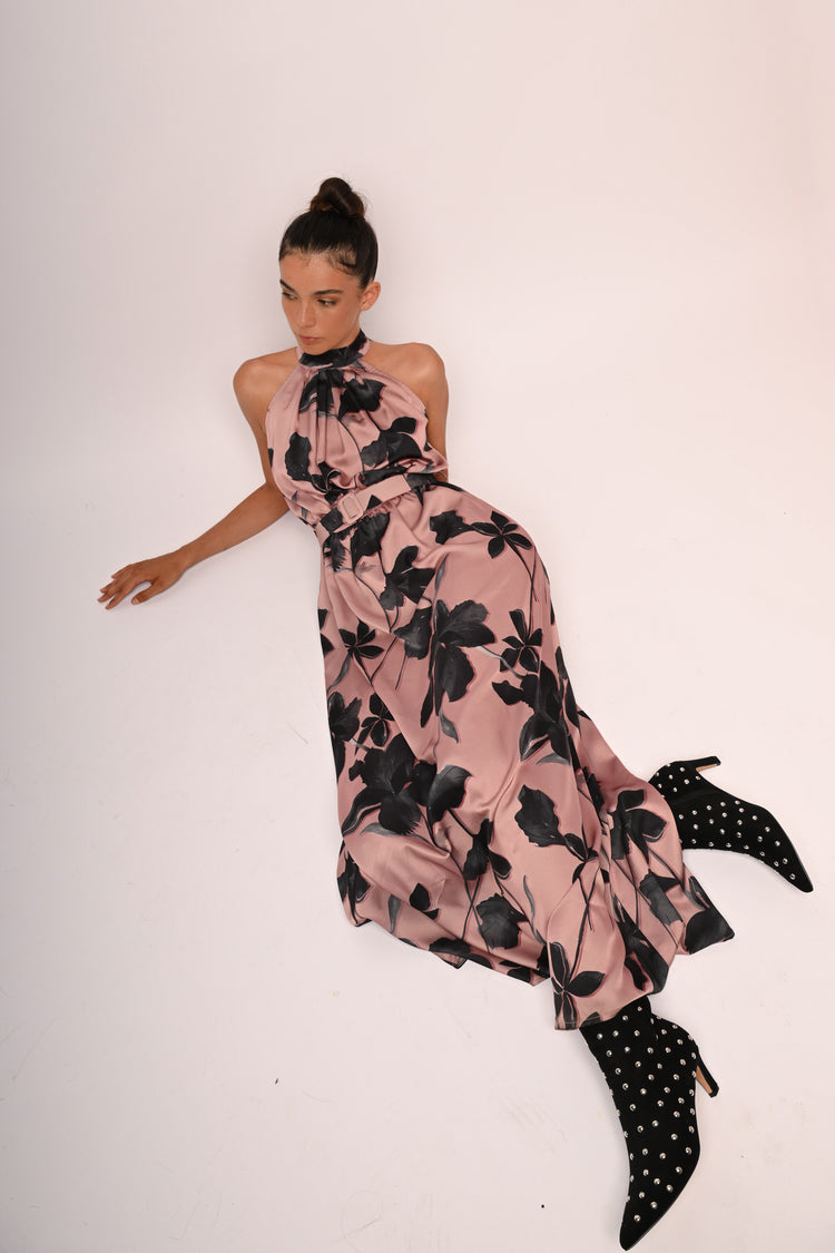 Floral print satin long dress