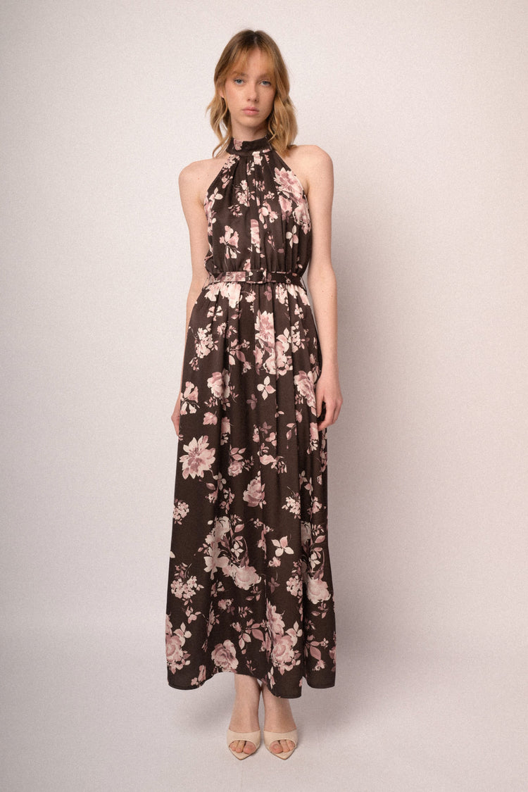 Chocolate floral print halter long dress