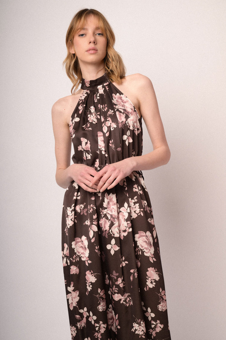 Chocolate floral print halter long dress
