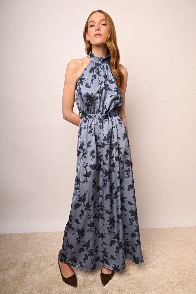 Floral print satin halter long dress