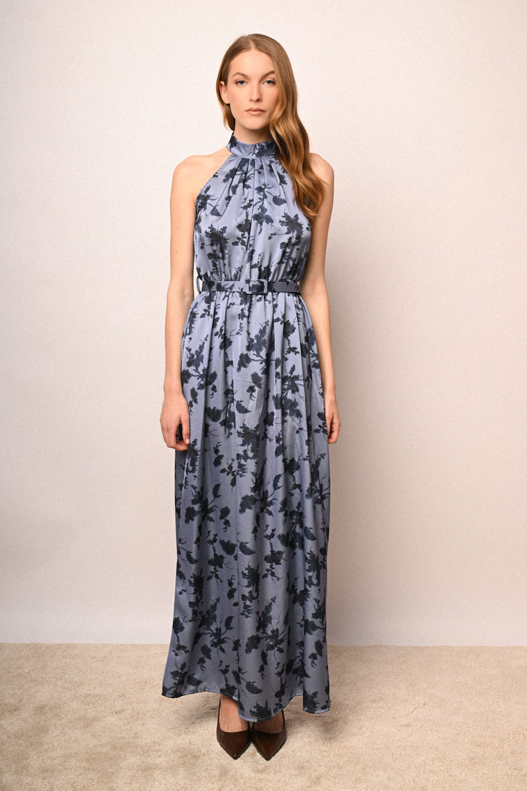 Floral print satin halter long dress