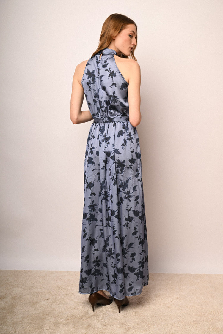 Floral print satin halter long dress