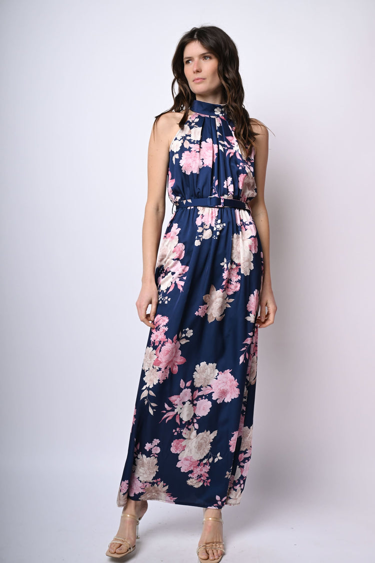 Floral print satin long dress
