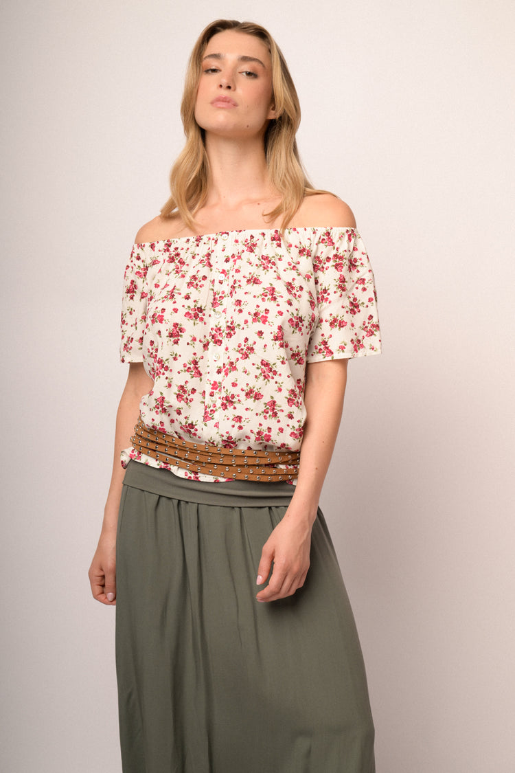Multicolor floral print viscose off-the-shoulder top