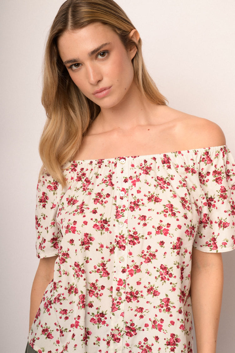 Multicolor floral print viscose off-the-shoulder top