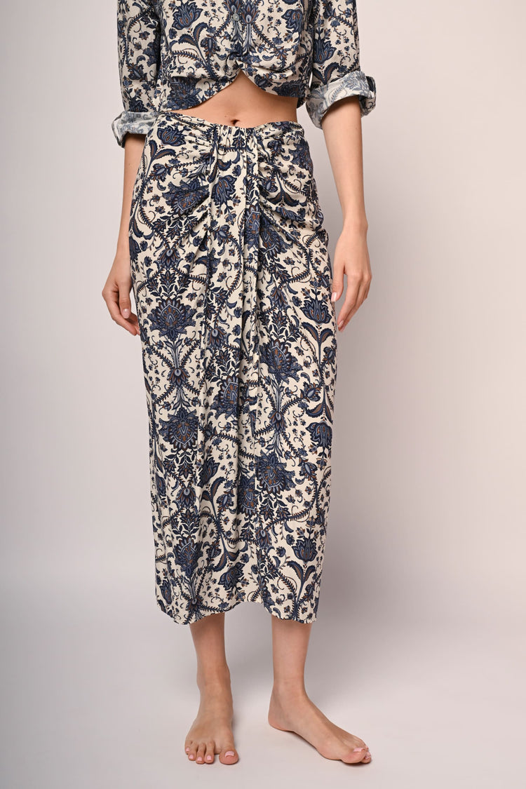 Ethnic print twist midi skirt